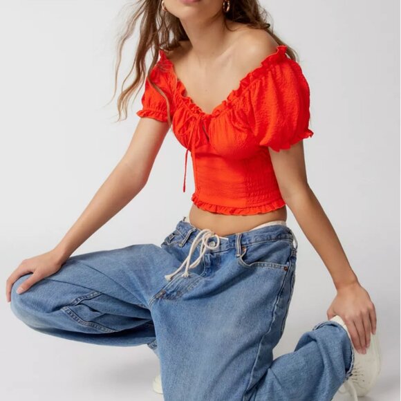 Urban Outfitters Red Hot Puff Sleeve Top - Off the Shoulder Shirred Blouse - Picture 6 of 9